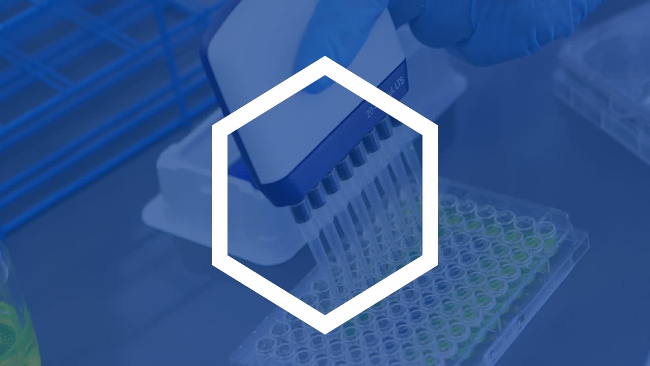 Animation of white shapes over close up of scientist working in lab