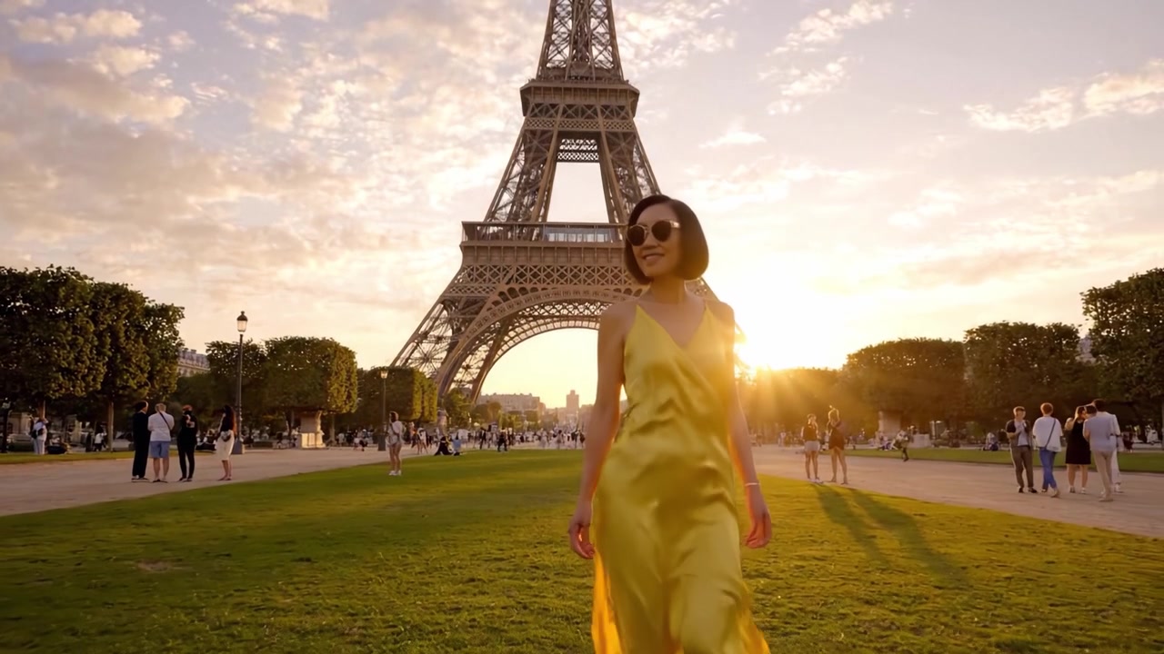 Una passeggiata elegante a Parigi: momenti incantevoli presso l'iconica Torre Eiffel durante un tramonto dorato con una modella alla moda vestita di giallo.