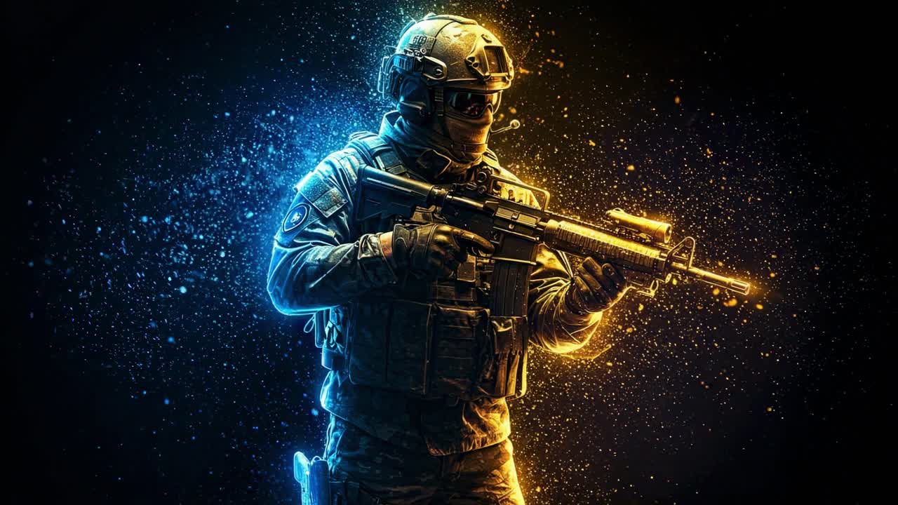A soldier clad in tactical gear readies himself for an important mission, surrounded by dynamic lighting effects and vibrant colors