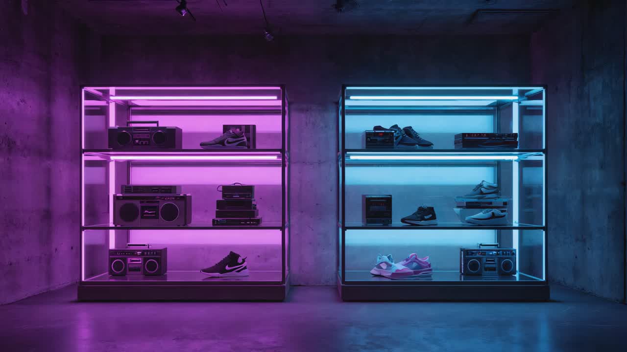 Shelves with shoes and boomboxes illuminated by neon lights