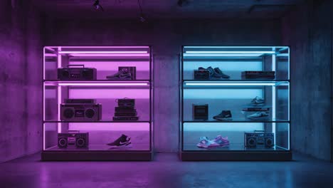 shelves with shoes and boomboxes illuminated by neon lights