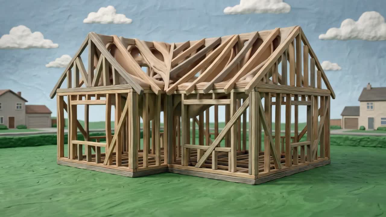Animazione in stop motion di una struttura di casa in legno in costruzione