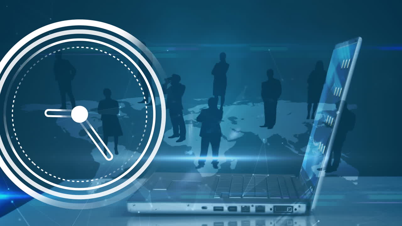 세계 지도를 통해 사업가들과 대결하는 노트북을 사용하는 사람에 대한 시계의 애니메이션