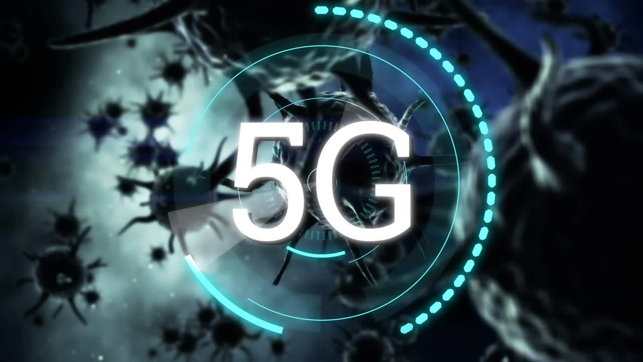 animación de 5g escrita sobre células de coronavirus que se propagan sobre un fondo azul.