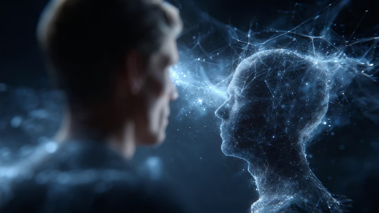 A captivating encounter between a human figure and a luminous digital silhouette, illustrating the intersection of technology and humanity through shimmering connections and ethereal forms