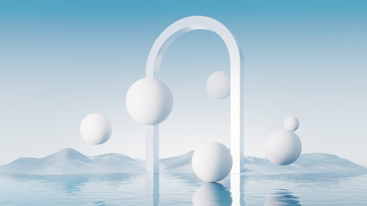 superficie de agua con bolas redondas de fondo, renderización en 3d.