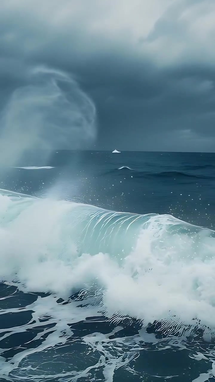 Vertical video: Rolling swell driving breaking ocean wave curling and bursting into spray and foam