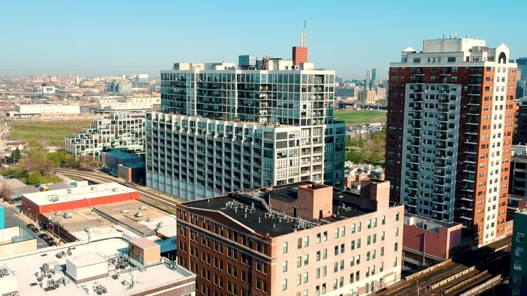 Una veduta aerea del "South Loop" di Chicago che mostrava proprietà residenziali e commerciali