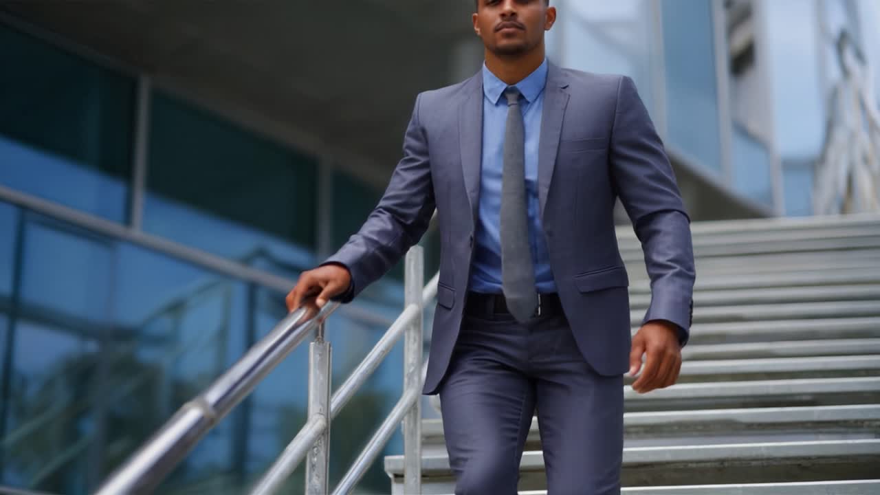Un individuo fiducioso in abito formale sale le scale, dimostrando determinazione e resilienza nonostante abbia una gamba protesica, mostrando forza ed eleganza.