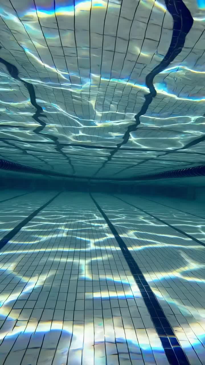 Underwater video view of a swimming pool, capturing rippling light patterns on tiles