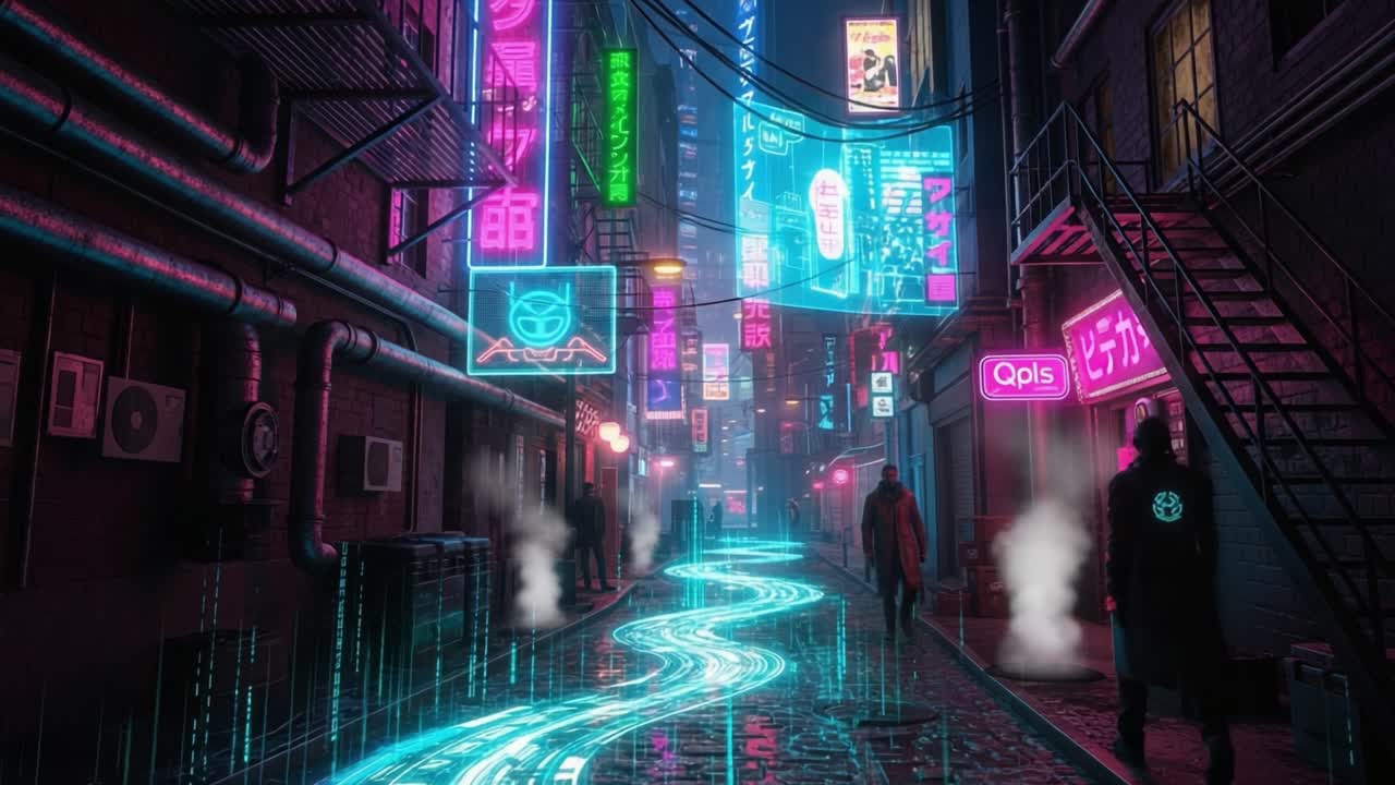 A Neon-Illuminated Alleyway with a Futuristic Pathway, Captured in a Cyberpunk Aesthetic Featuring Vibrant Colors and Atmospheric Fog Elements