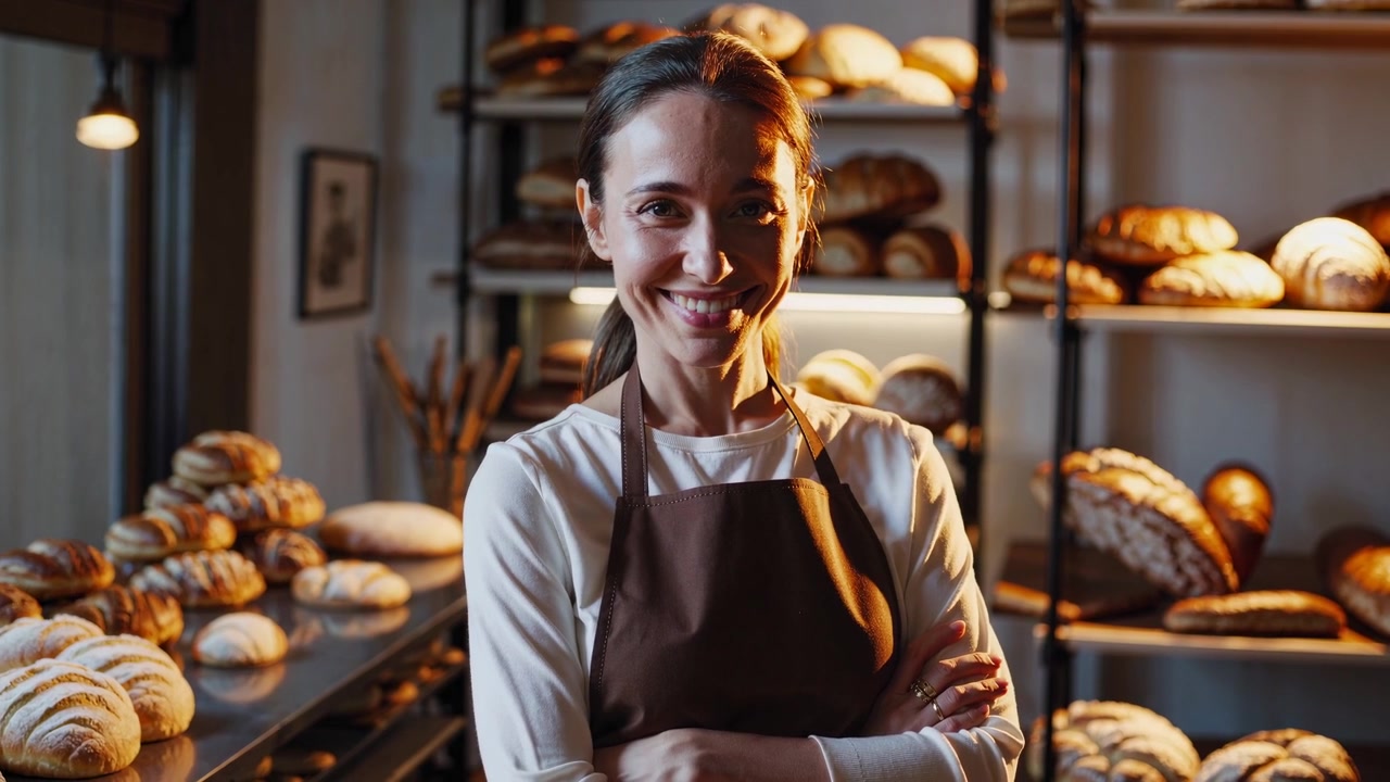 Mulher Padeira Confiante Sorrindo em Sua Pequena Padaria