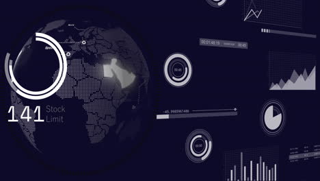 animation of statistics and data processing over globe in background
