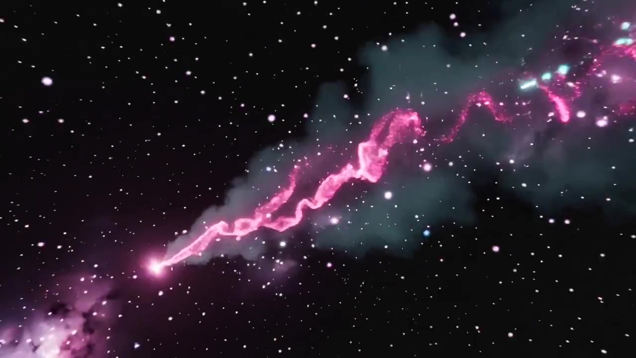 Nucleo rosa che emette, inviando striature verde acqua e allungando filamenti nella nebulosa, rilasciando energia
