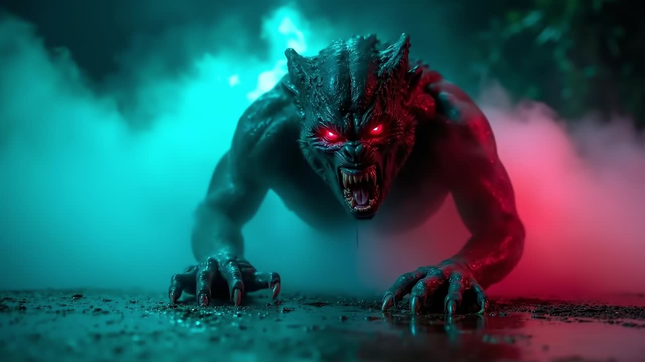 A werewolf with red eyes and fangs in the dark