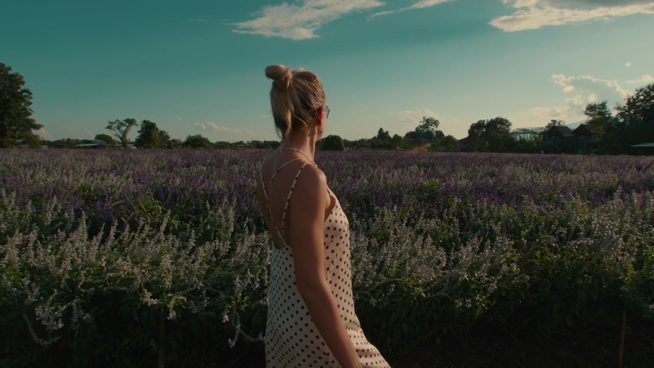 Giovane donna che cammina in un campo fiorito al tramonto