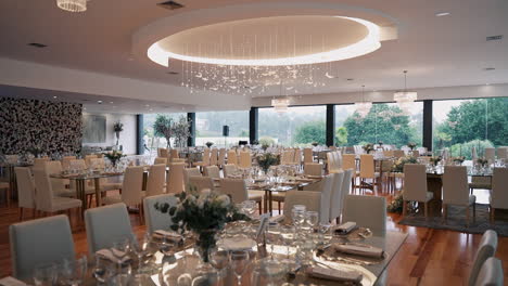 elegant dining hall with modern chandeliers