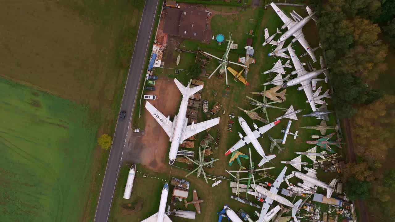 Aerial view of airplane graveyard at air park museum, Zruc Senec, Czech
