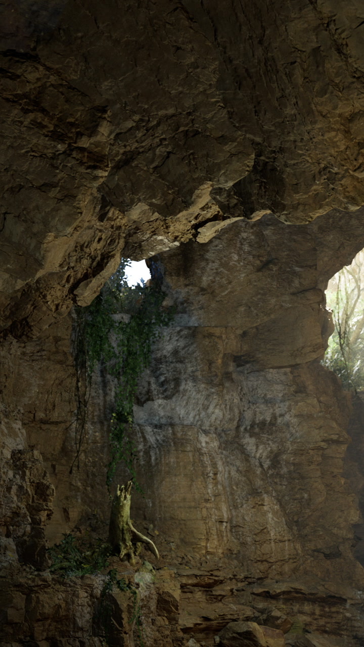Light shining through opening in cave with vines and rocks in background