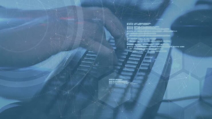 Animation af forbindelser over hænderne på en kaukasisk mand, der taster på tastatur