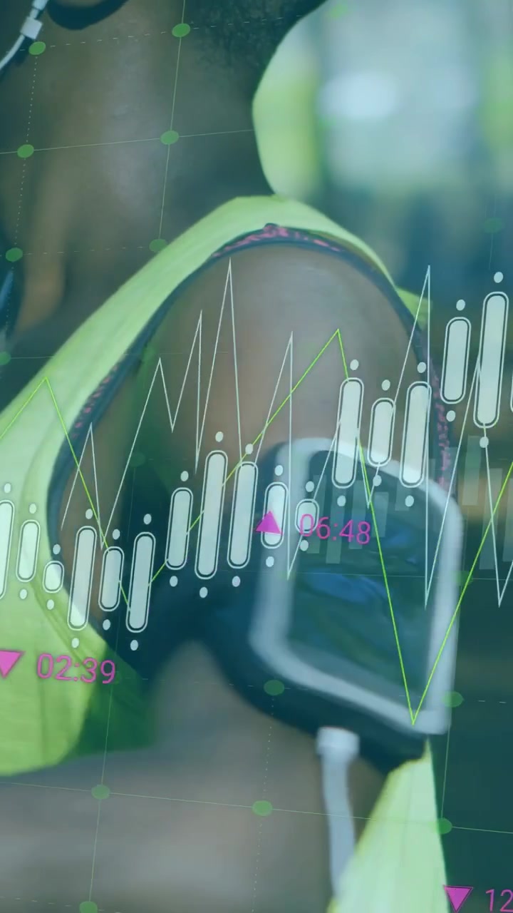 Vertical video: Woman running path, movement initiating phone armband HUD updating fitness graphs