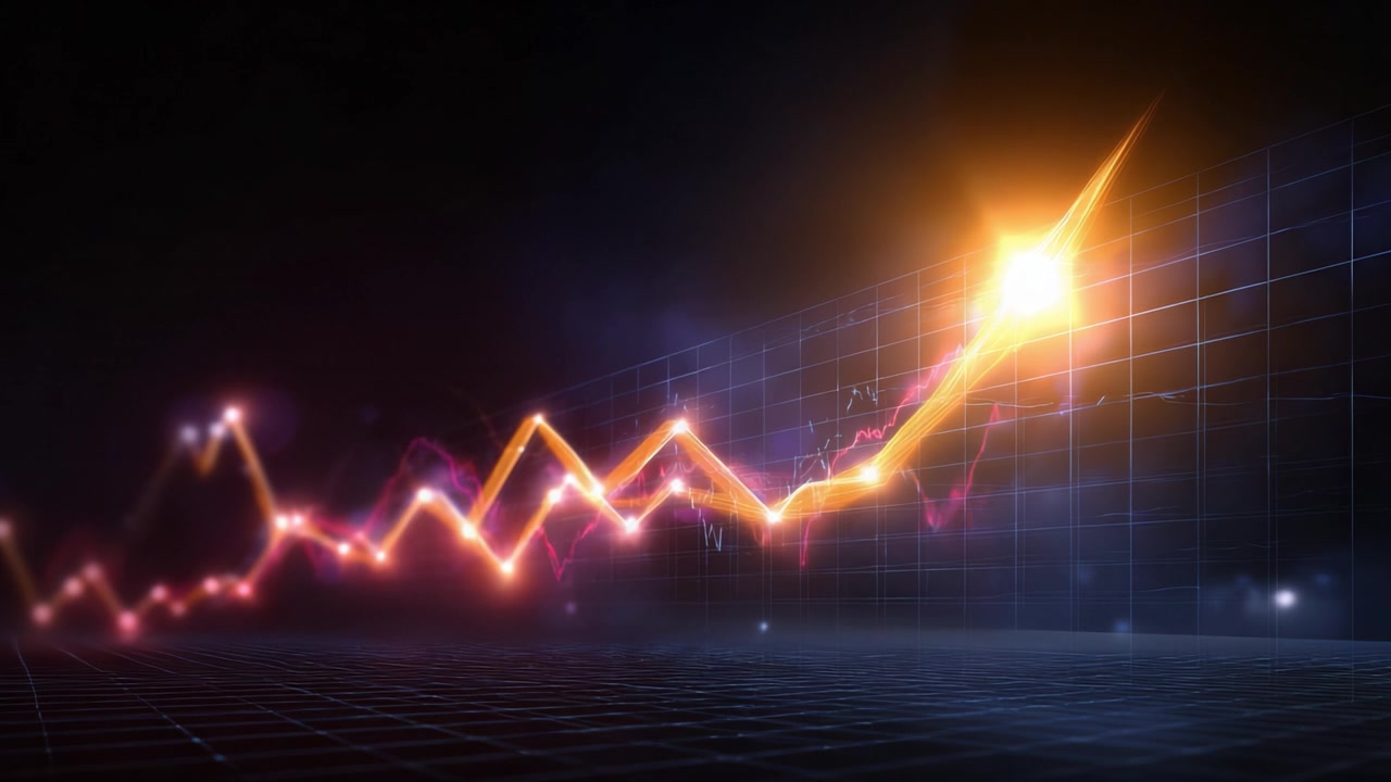 Indicatore di crescita dinamico: rappresentazione visiva di tendenze dati in crescita nel settore finanziario con colori vivaci ed elementi grafici futuristici che significano prosperità e successo.