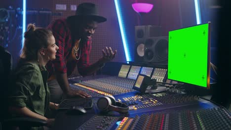 productor e ingeniero de audio trabajando juntos en un estudio de grabación de música en un nuevo álbum, usar computadora de pantalla verde, escritorio de control para mezclar y crear canciones de éxito. colaboración de artista y músico