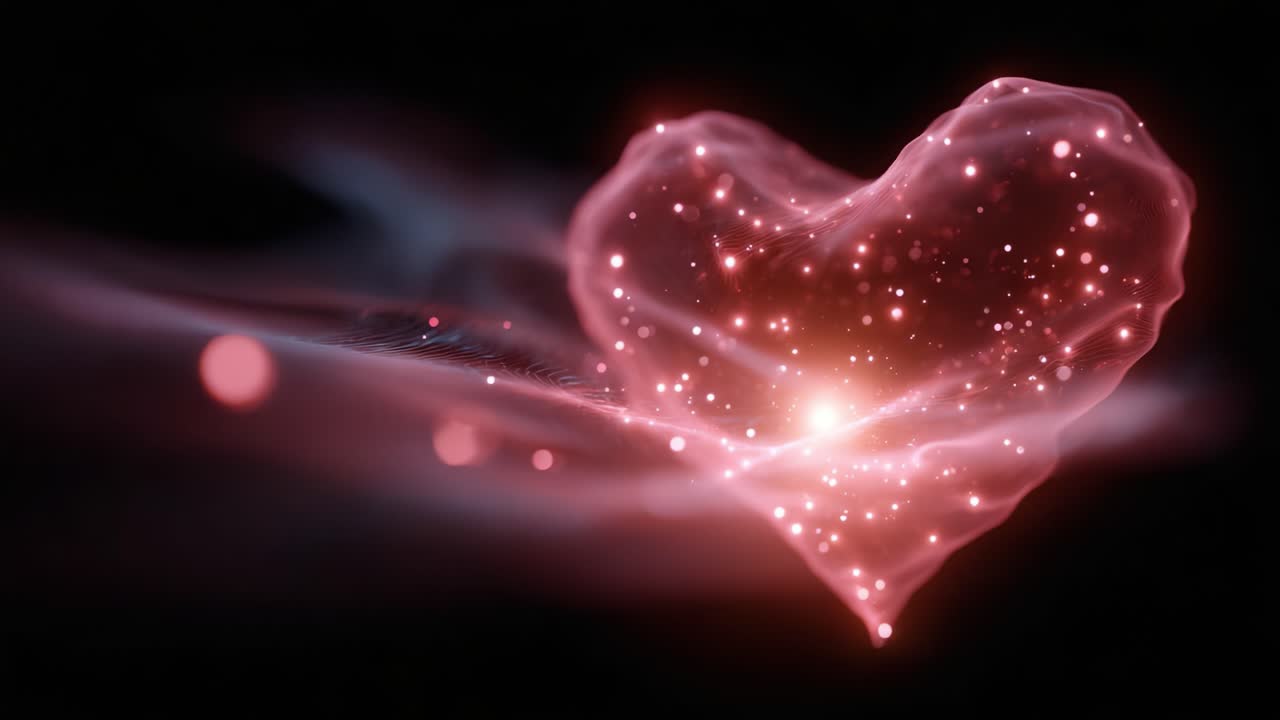 Un cuore incandescente illuminato da stelle scintillanti e luce eterea in uno sfondo scuro, che cattura l'essenza dell'amore e dell'emozione nella sua forma più pura