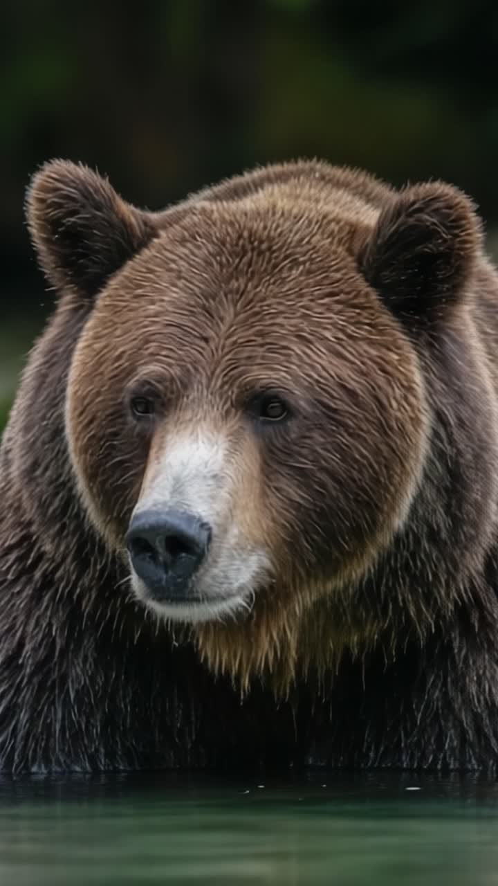 Un maestoso orso grizzly che emerge da acque calme, catturando l'essenza della fauna selvatica con la sua pelliccia testurizzata e lo sguardo intenso in un sereno habitat naturale