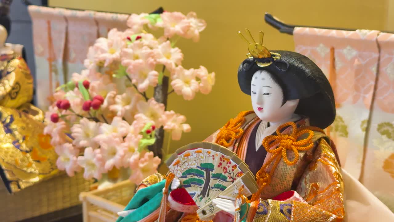 Un lento zoom all'indietro rivela una tradizionale bambola giapponese da imperatrice accanto a fiori di ciliegio rosa.