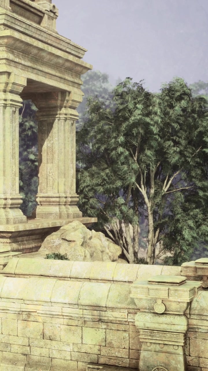 Rovine circondate da alberi e rocce in un ambiente naturale con cielo sereno