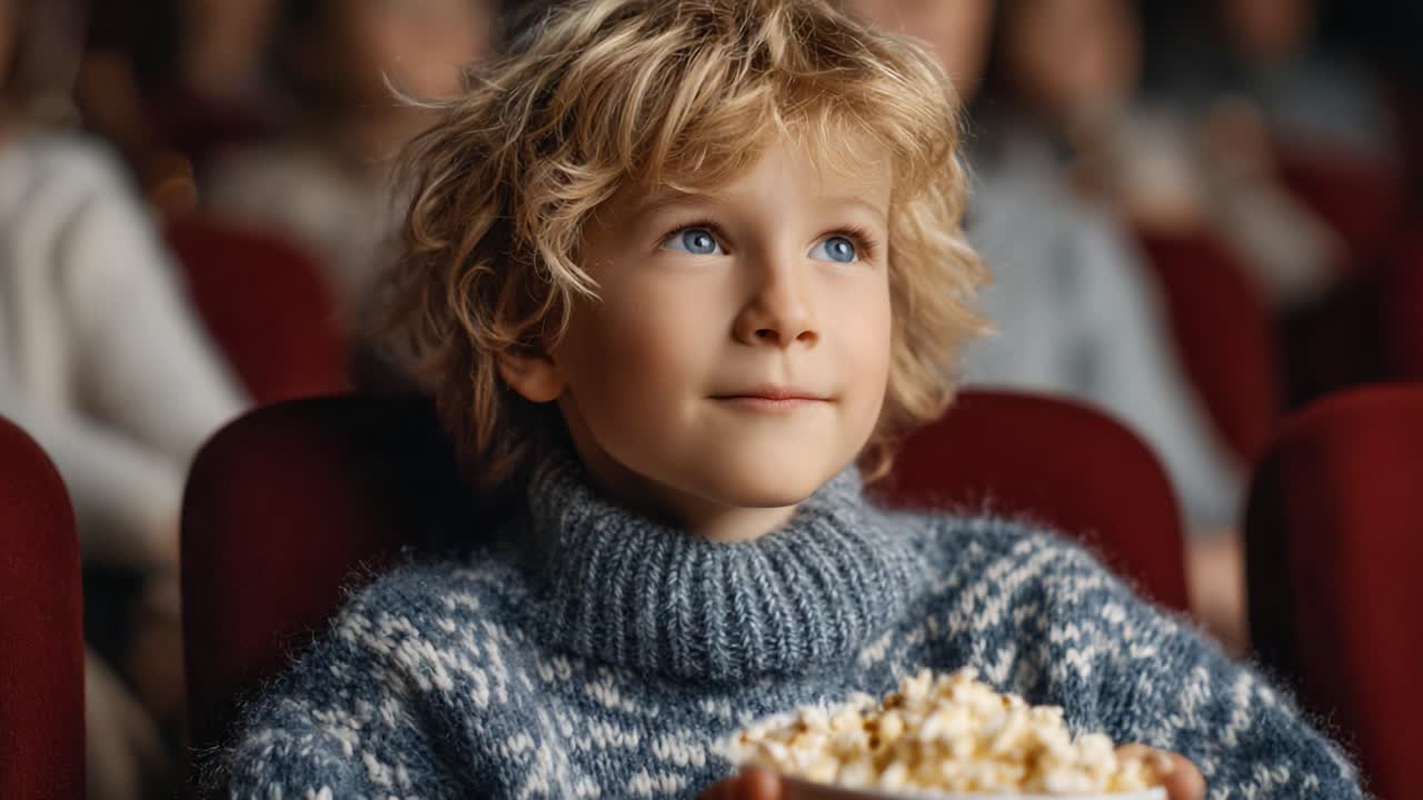 A Young Child Captivated by the Movie Screen in a Cozy Theater Setting with a Bowl of Popcorn, Radiating Joy and Wonder During the Film Experience