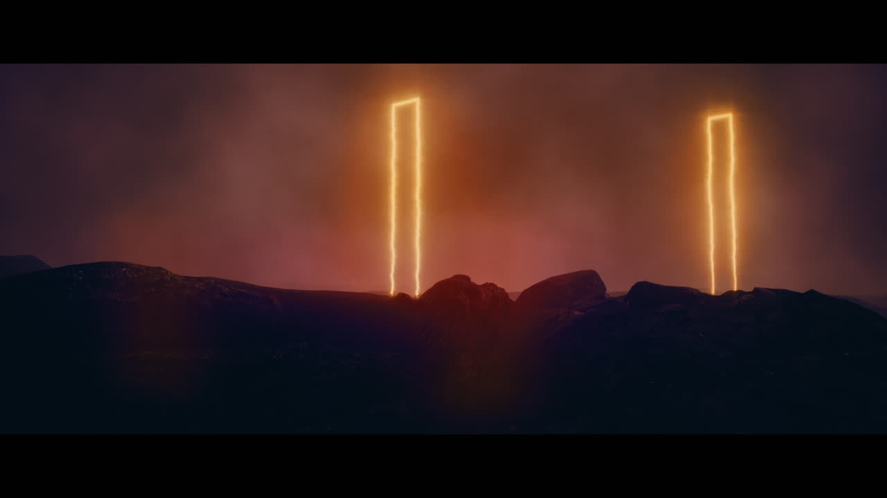 Rocky landscape with huge pink light portal structures