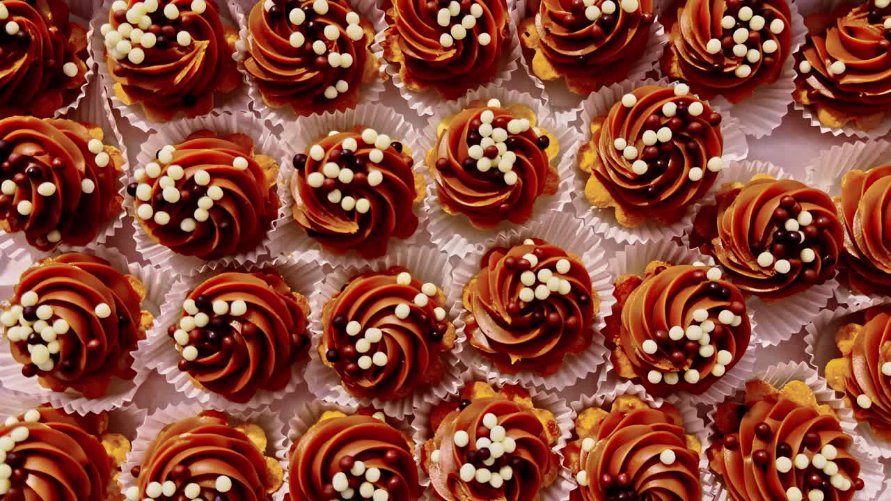 Overhead view of delicious cupcakes with swirled chocolate frosting and sprinkles