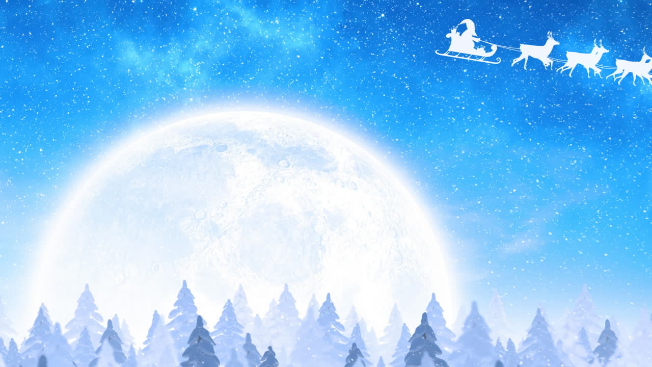 눈이 내리는 동안 밝은 달과 파란 하늘을 배경으로 매를 타고 있는 산타의 애니메이션