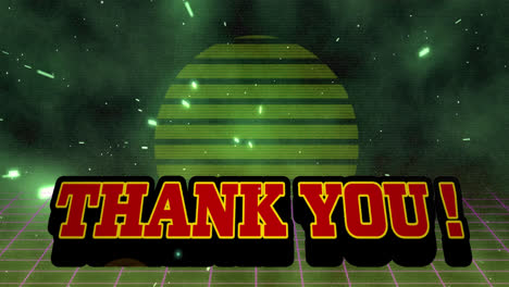 thank you text banner over grid network against green circular abstract shape on black background