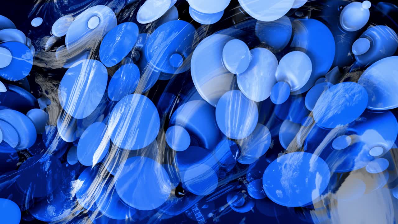 아름다운 추상적인 반이는 표면의 은 은 배경은 파란색 액체와 같은 파란색 물결과 함께 원은 기름에 페인트의 물방울처럼 떠 있습니다. 4k에서 파란색 색 gradient를 가진 창의적인 배경.