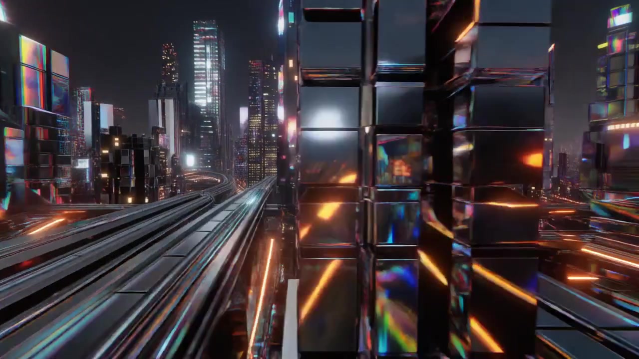 Futuristische Stadtlandschaft mit leuchtenden Lichtern und Hochgeschwindigkeitszug bei Nacht