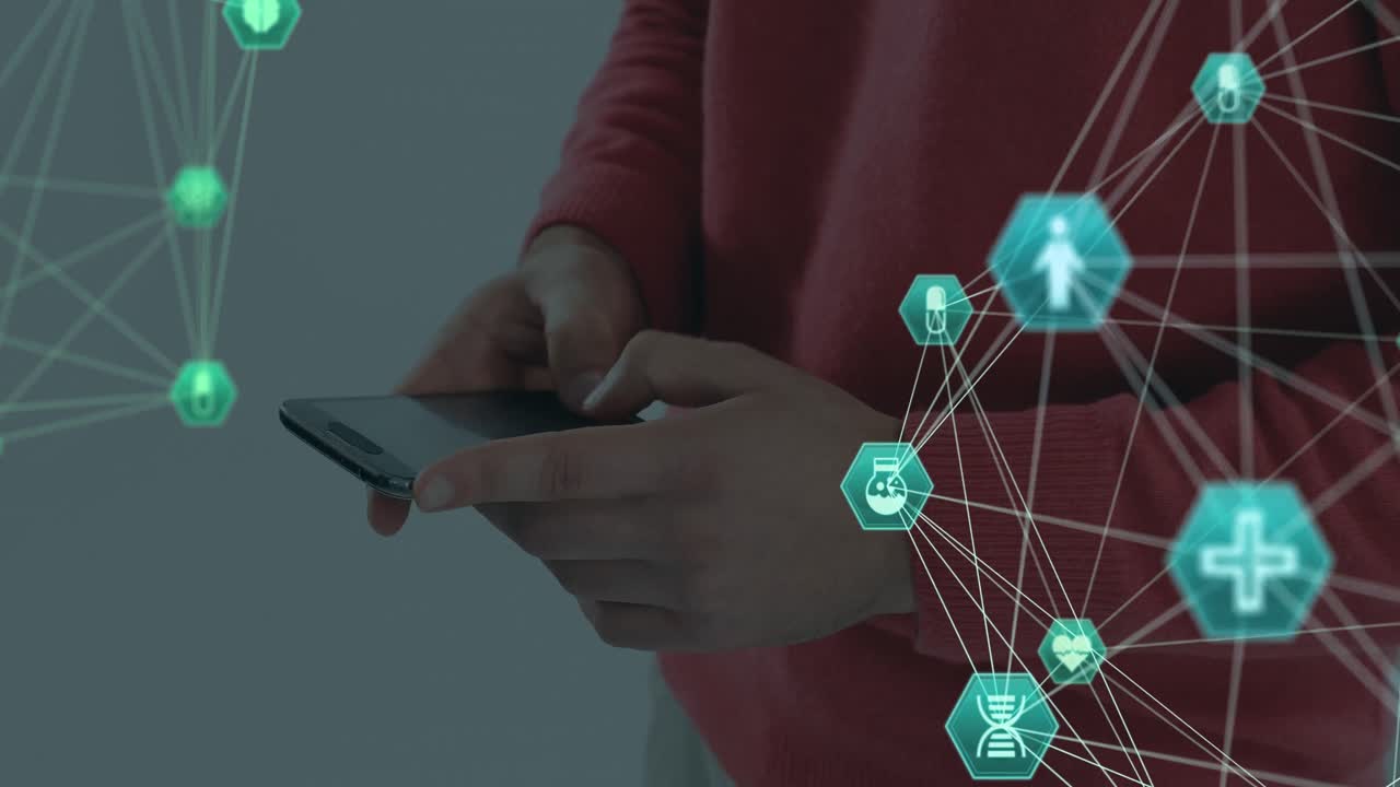animación de la red de conexiones con iconos sobre la persona que utiliza el teléfono inteligente