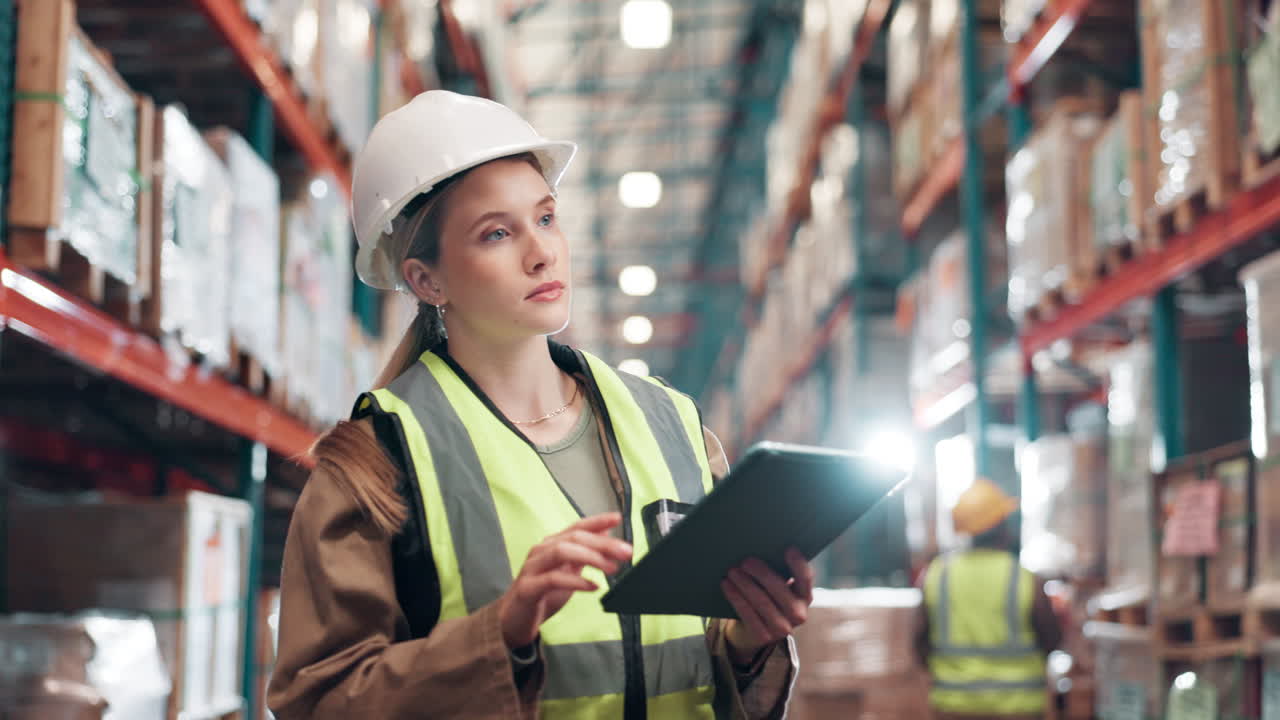 trabajador de almacén comprobando el inventario con una tableta