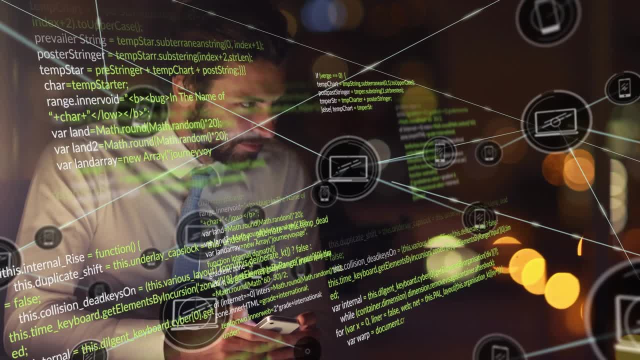 Tapping man wearing white shirt, blue tie, leaning, using smartphone at desk with green code icons