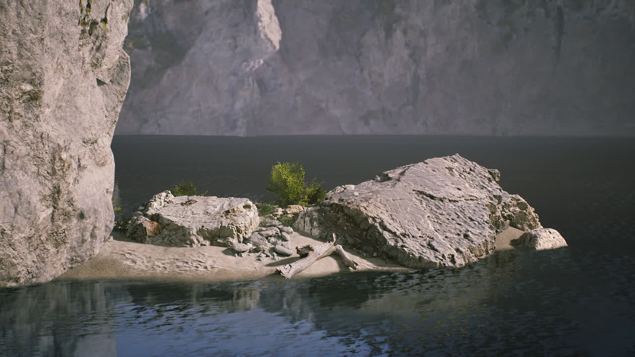 Paesaggio roccioso sereno vicino ad acqua immobile in un ambiente naturale appartato.