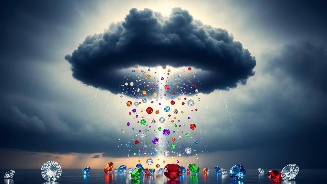 A mesmerizing visual spectacle of a storm cloud raining down colorful gemstones, creating a surreal and enchanting atmosphere filled with shimmering brilliance and light