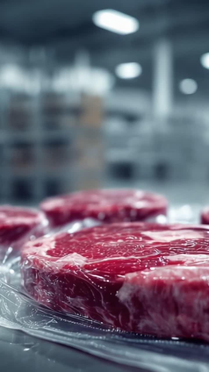 High-Quality Cuts of Meat Sealed in Packaging, with Condensation and Steam Indicating Freshness and Temperature Control in a Well-Lit Food Processing Environment