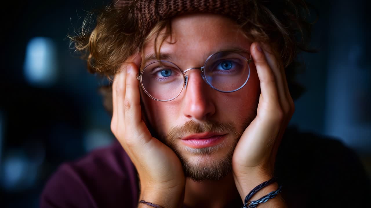 Un uomo pensieroso con occhiali che riflettono emozioni profonde e pensieri contemplativi in un ambiente intimo, catturato in due inquadrature distinte