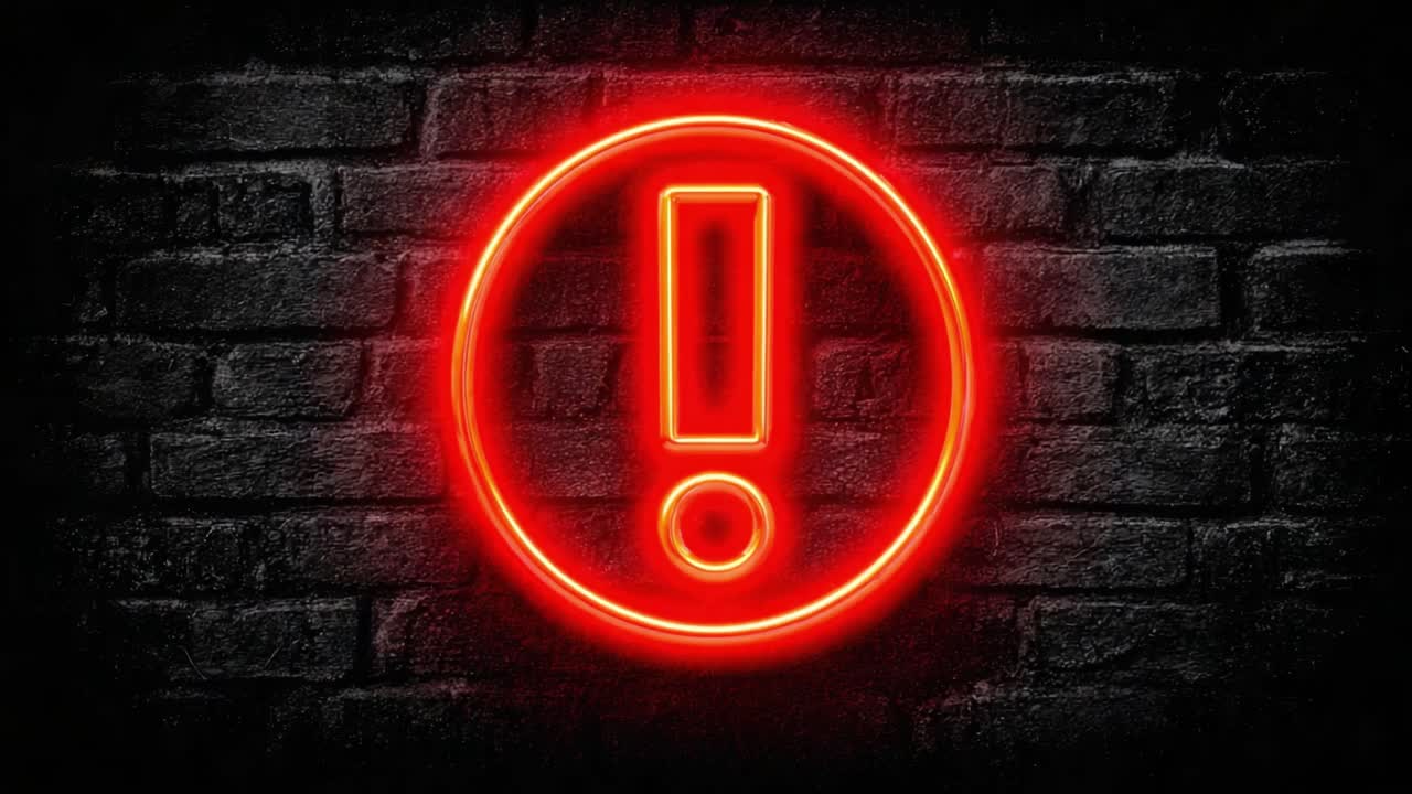 Vibrant Neon Exclamation Mark: A Striking Visual Statement Illuminating the Darkness with Bold Red Color Against a Dark Brick Background