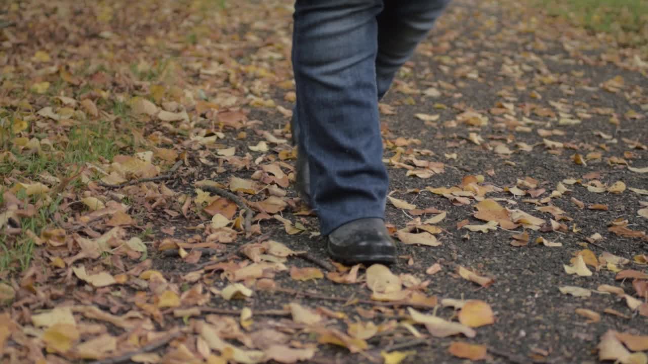 Entspannter Spaziergang im Herbstlaub mit einem Holzstock