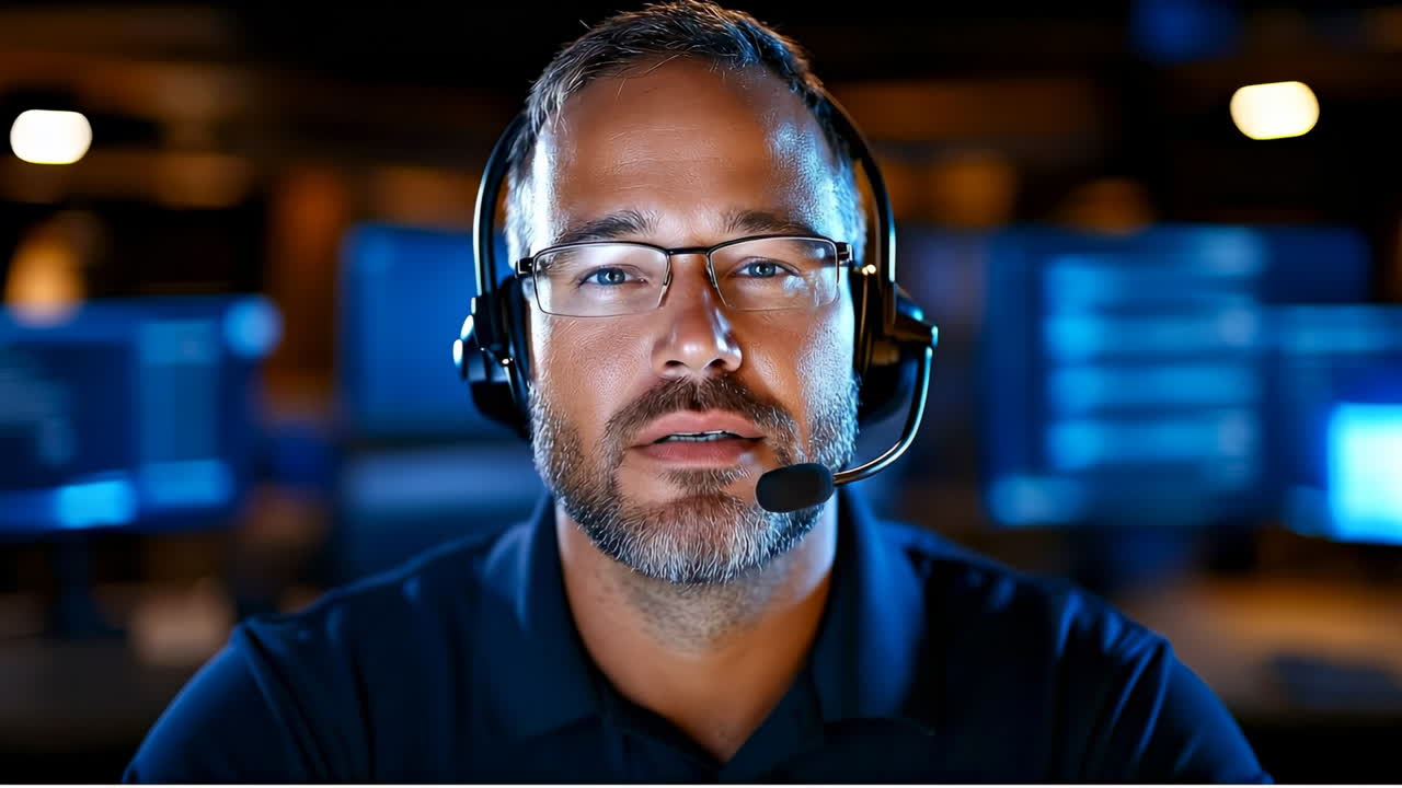 Man working in control room with headset. A smiling man with glasses wears a headset in a control room filled with technology, focused on his work in the evening