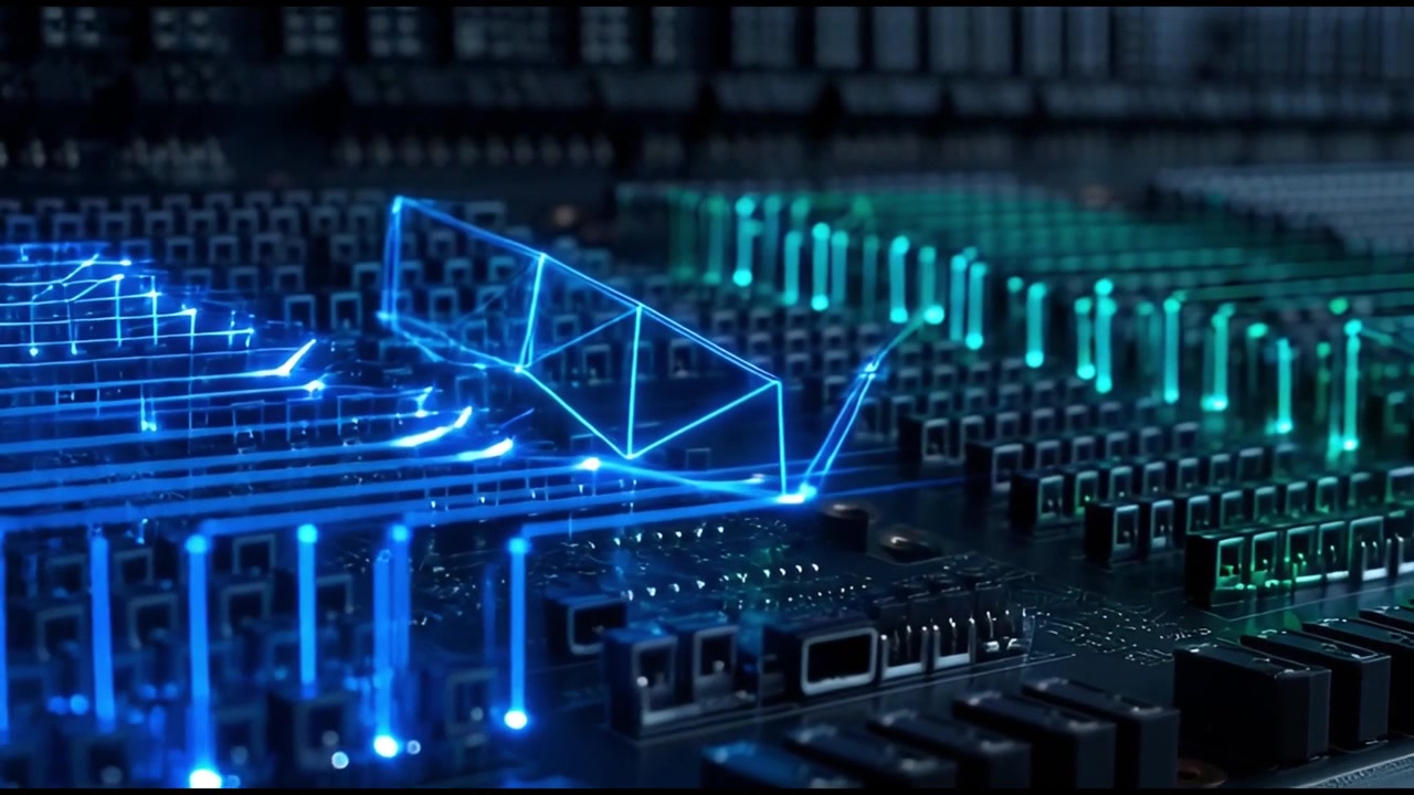 Digital Data Flow Across a Futuristic Circuit Board