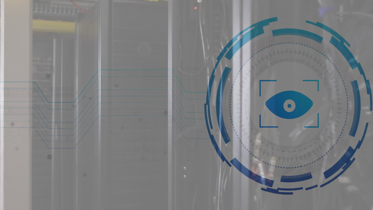 animación del icono del ojo y procesamiento de datos digitales a través de servidores informáticos